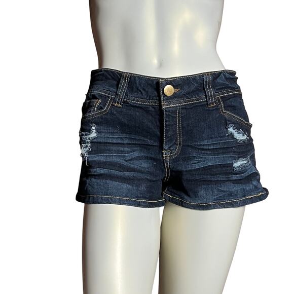 21 DENIM Distressed Jean Shorts Size 30 Dark Wash Cuffed Summer - Picture 1 of 7